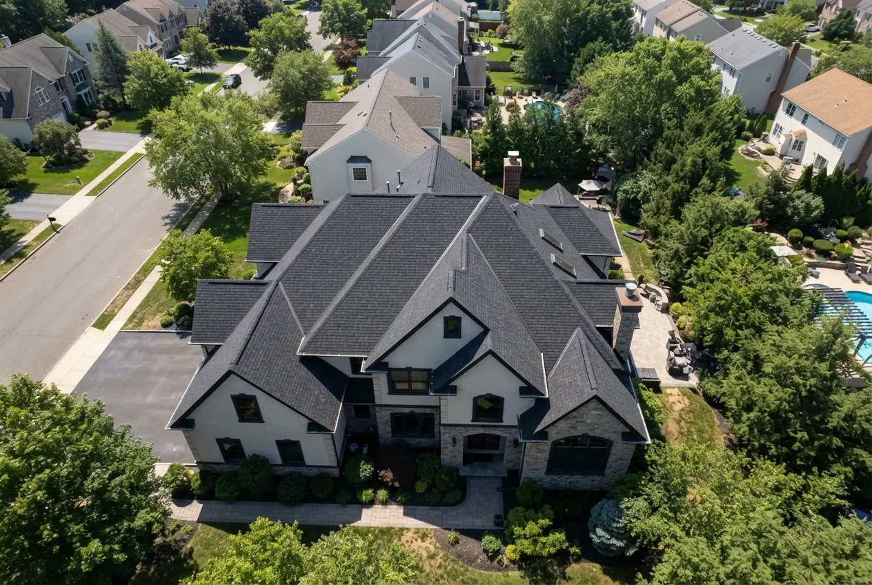 Aerial view looking down on the pitched roofs of a New Jersey neighbourhood - Roofing Service New Jersey service area