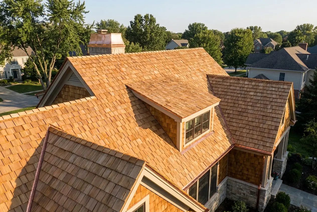 A newly installed natural cedar shake roof with multiple gables - Roofing in Mount Laurel, NJ