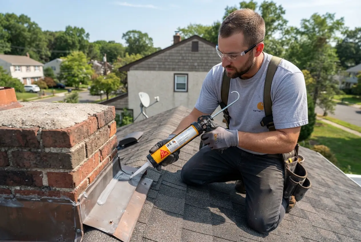 A roofer applying sealant to the flashing where a brick chimney meets the shingles