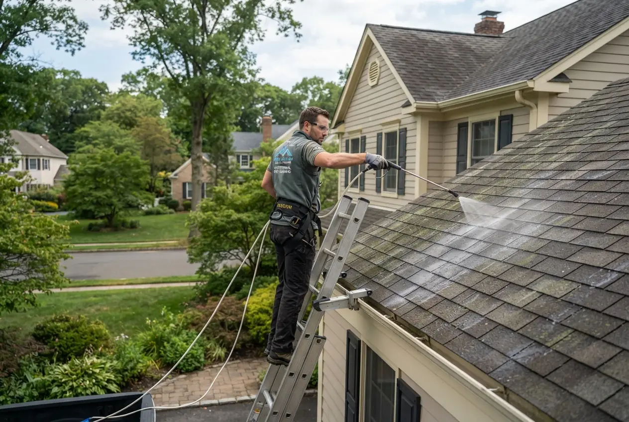 A technician soft-washing moss from a sloped asphalt shingle roof