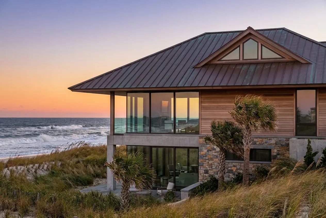 A high-end coastal home with a metal roof overlooking the dunes at sunset