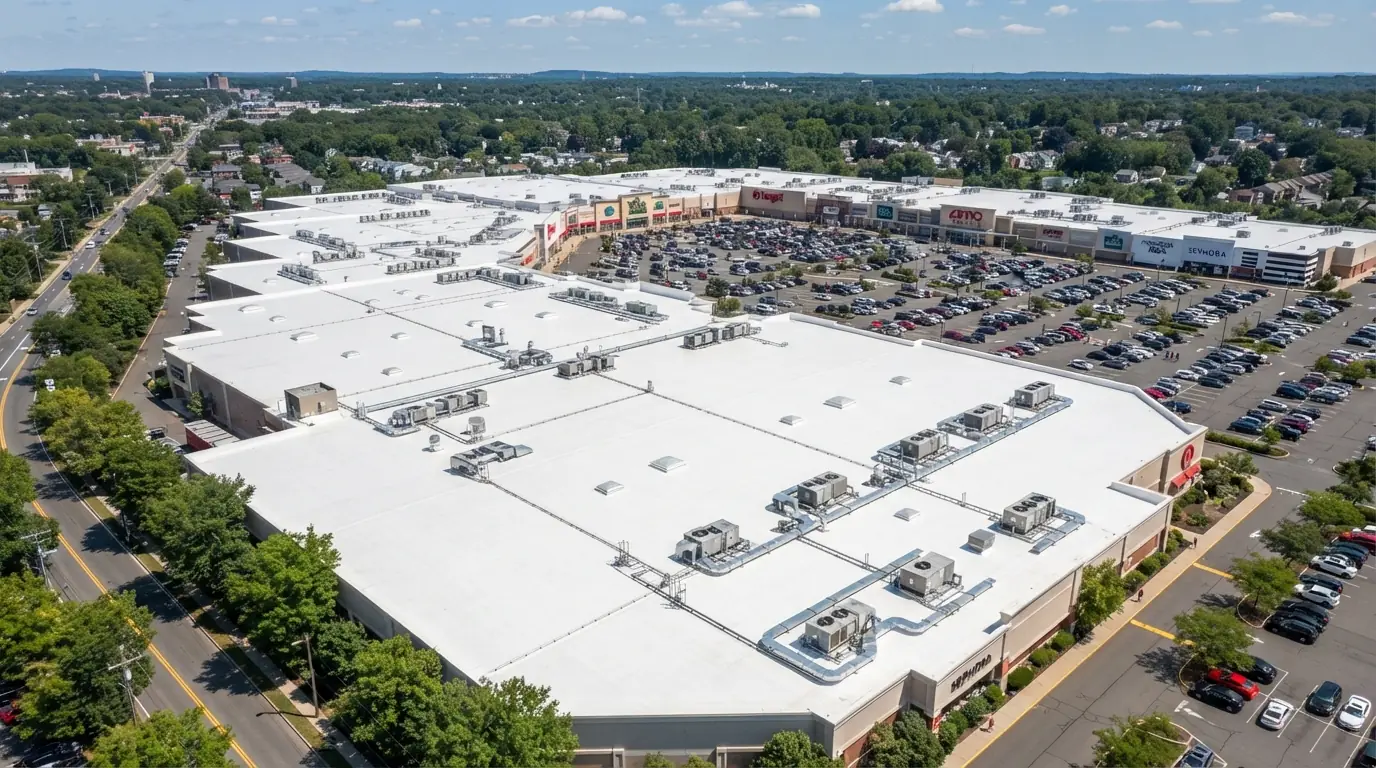 Aerial view of a large retail centre with a newly finished white membrane roof