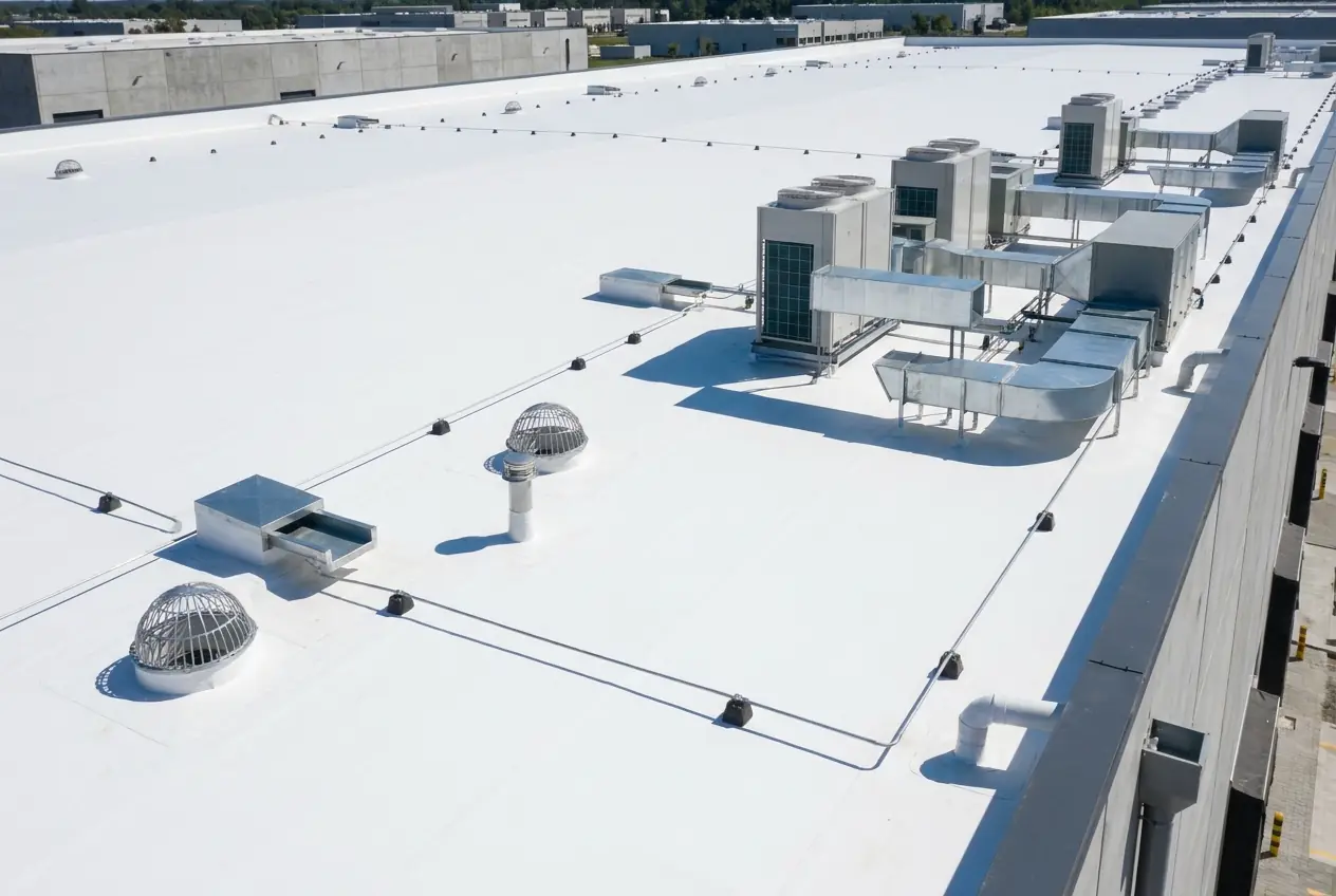 A wide white membrane roof on a large commercial building with rooftop units
