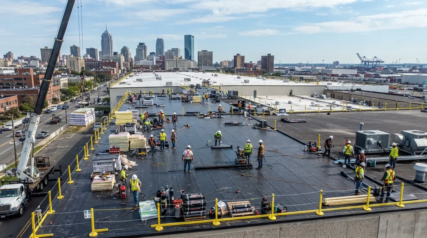 A large commercial flat roofing project underway with a city skyline behind - Commercial Roofing in New Jersey