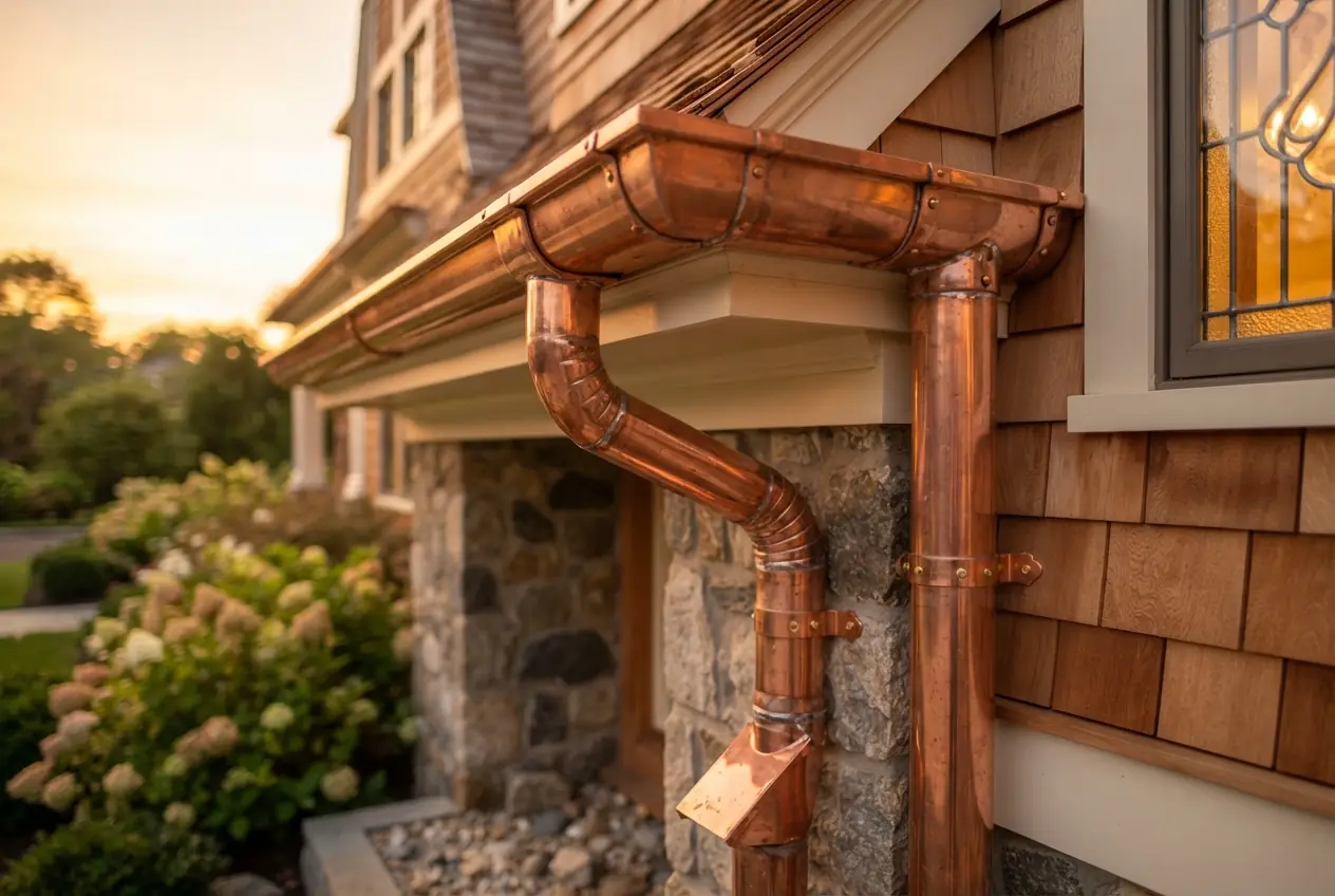A new copper gutter and downspout on a shingle-sided home