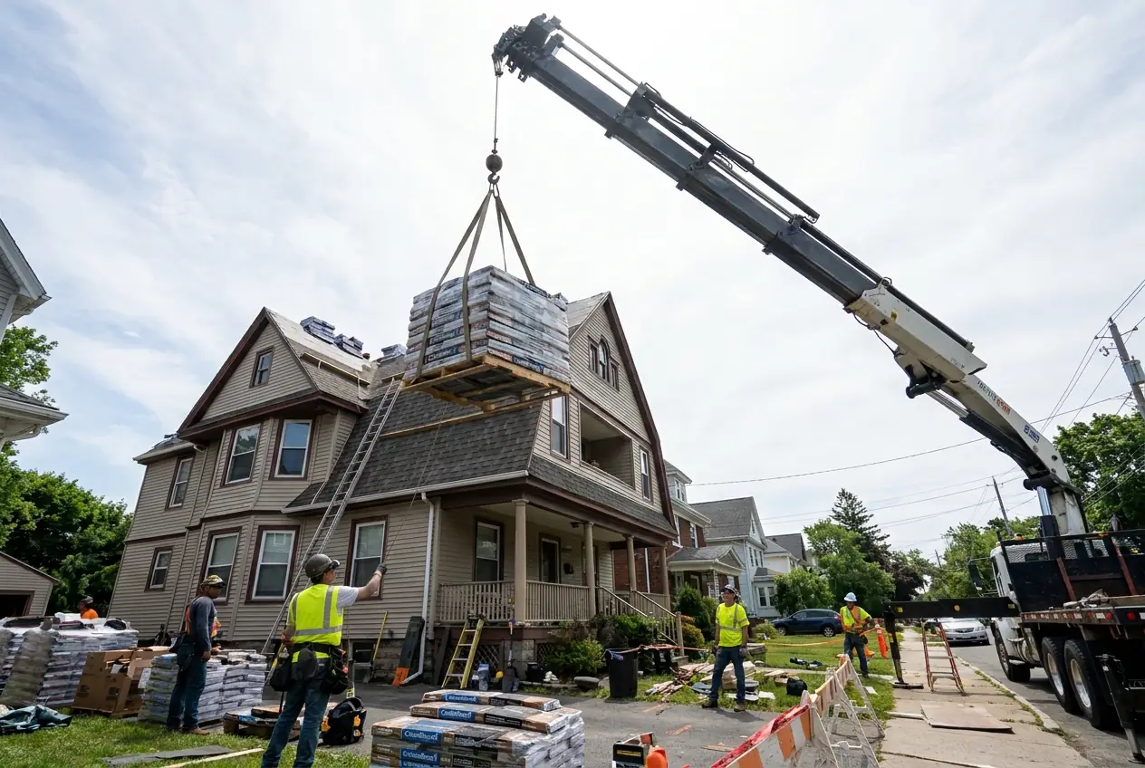 A crane lifting a pallet of roofing material onto a house under renovation