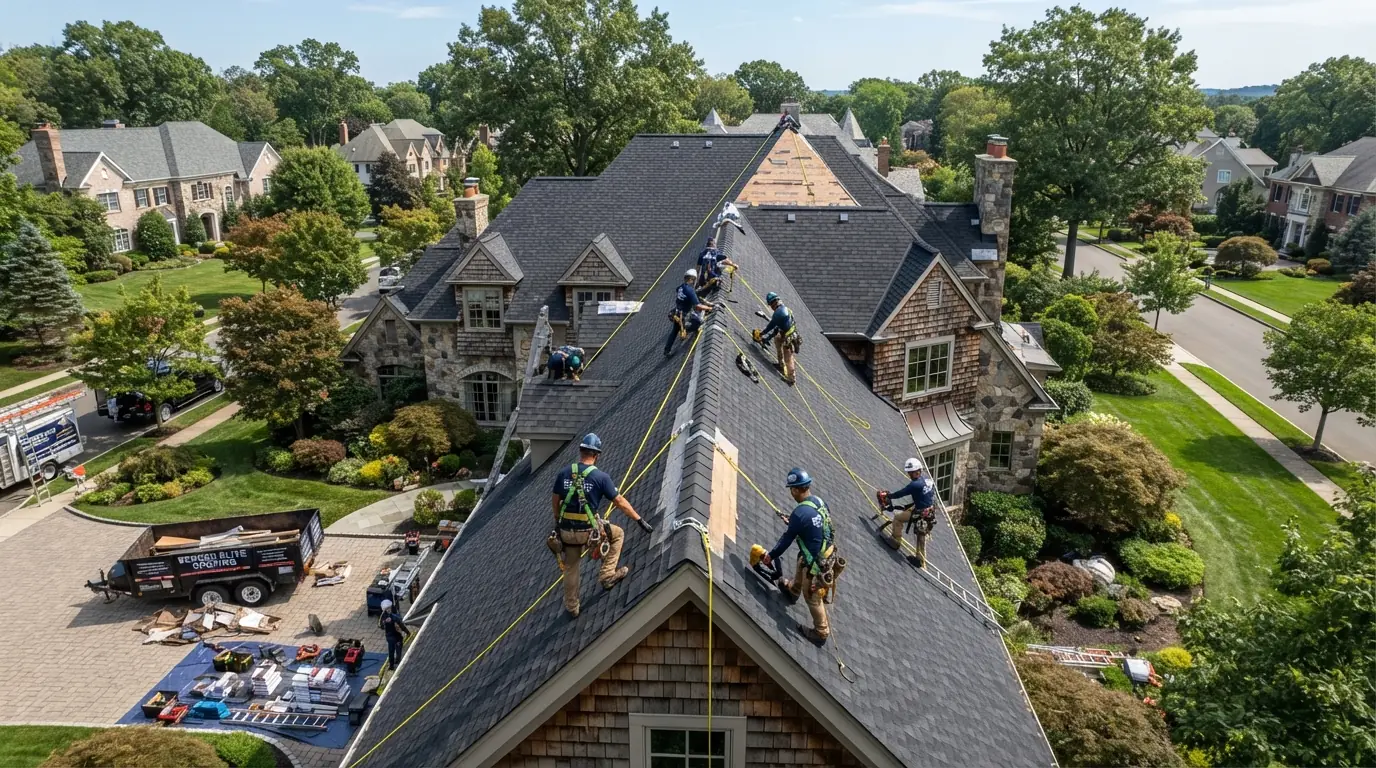 Aerial view of a roofing crew working across the slopes of a large home - Roofing Service New Jersey crew at work