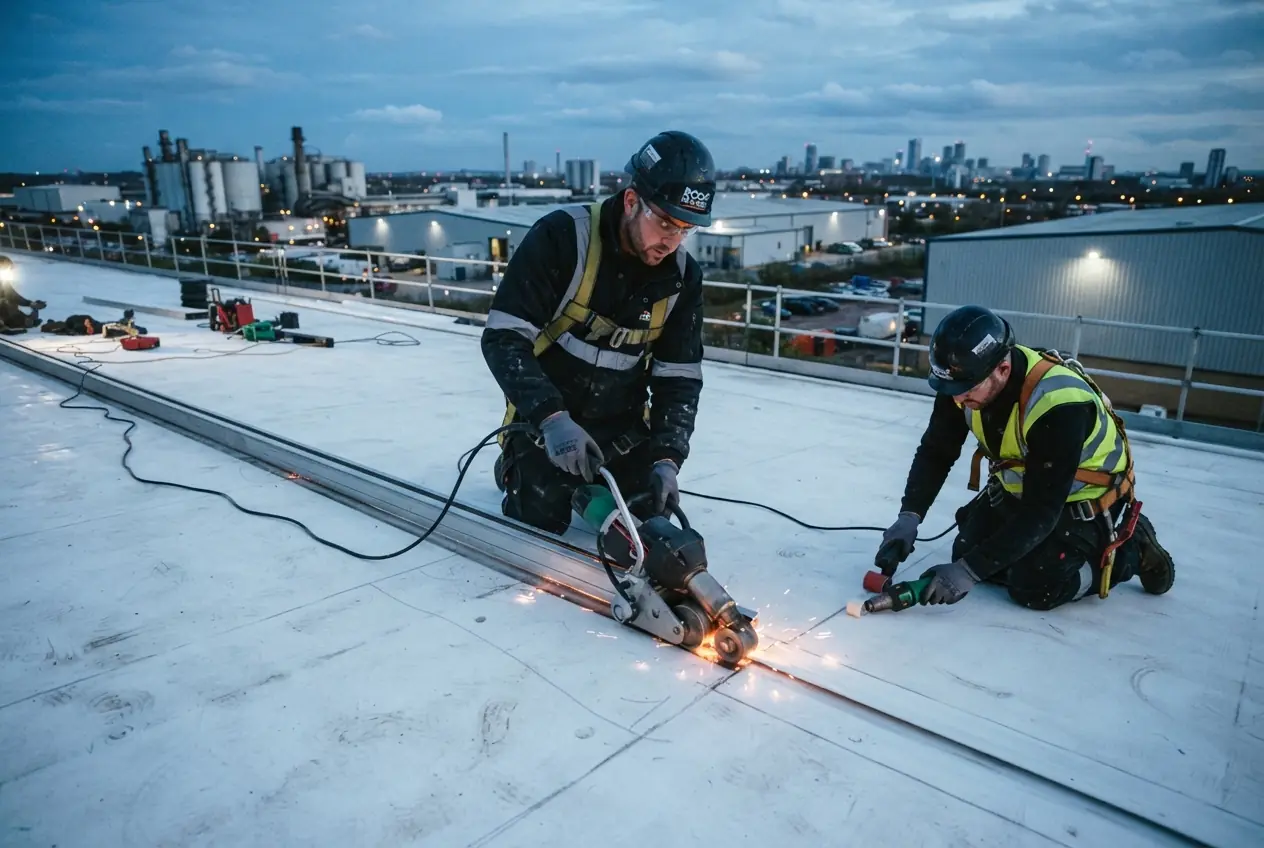Two roofers in harnesses heat-welding a TPO membrane seam on a flat commercial roof