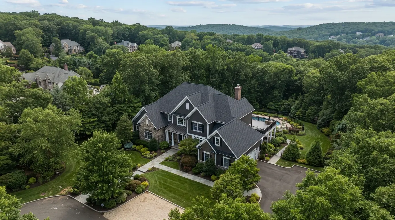 Aerial view of a completed dark shingle roof on a large suburban home - Roofing in Hackensack, NJ