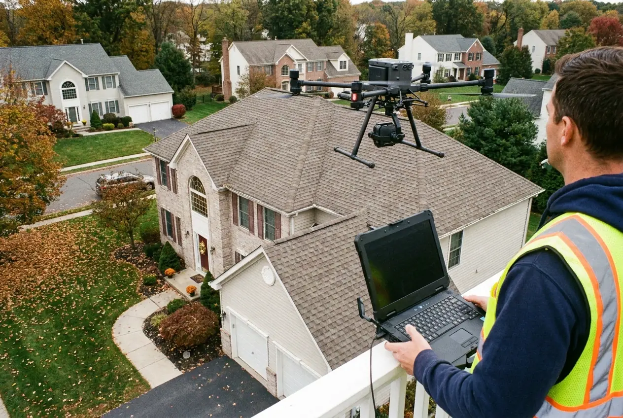 An inspector flying a survey drone over a house while reviewing images on a laptop - Roof Inspection in New Jersey