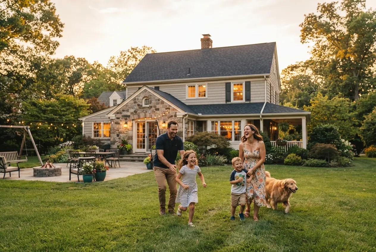 A family playing on the lawn of a two-storey New Jersey home at dusk - Roofing in Newark, NJ