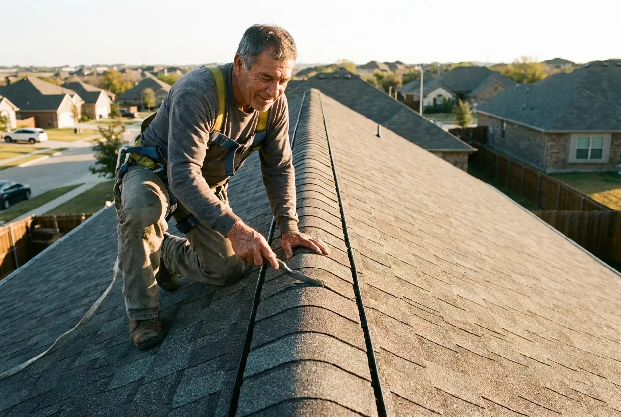 A lead roofer walking the ridge of a finished shingle roof during final inspection - Contact Roofing Service New Jersey