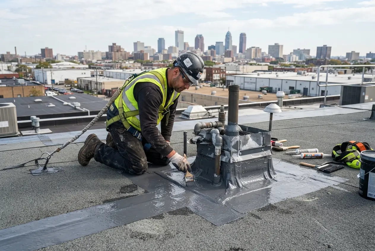 A roofer sealing a rooftop penetration on a flat roof with a city skyline behind