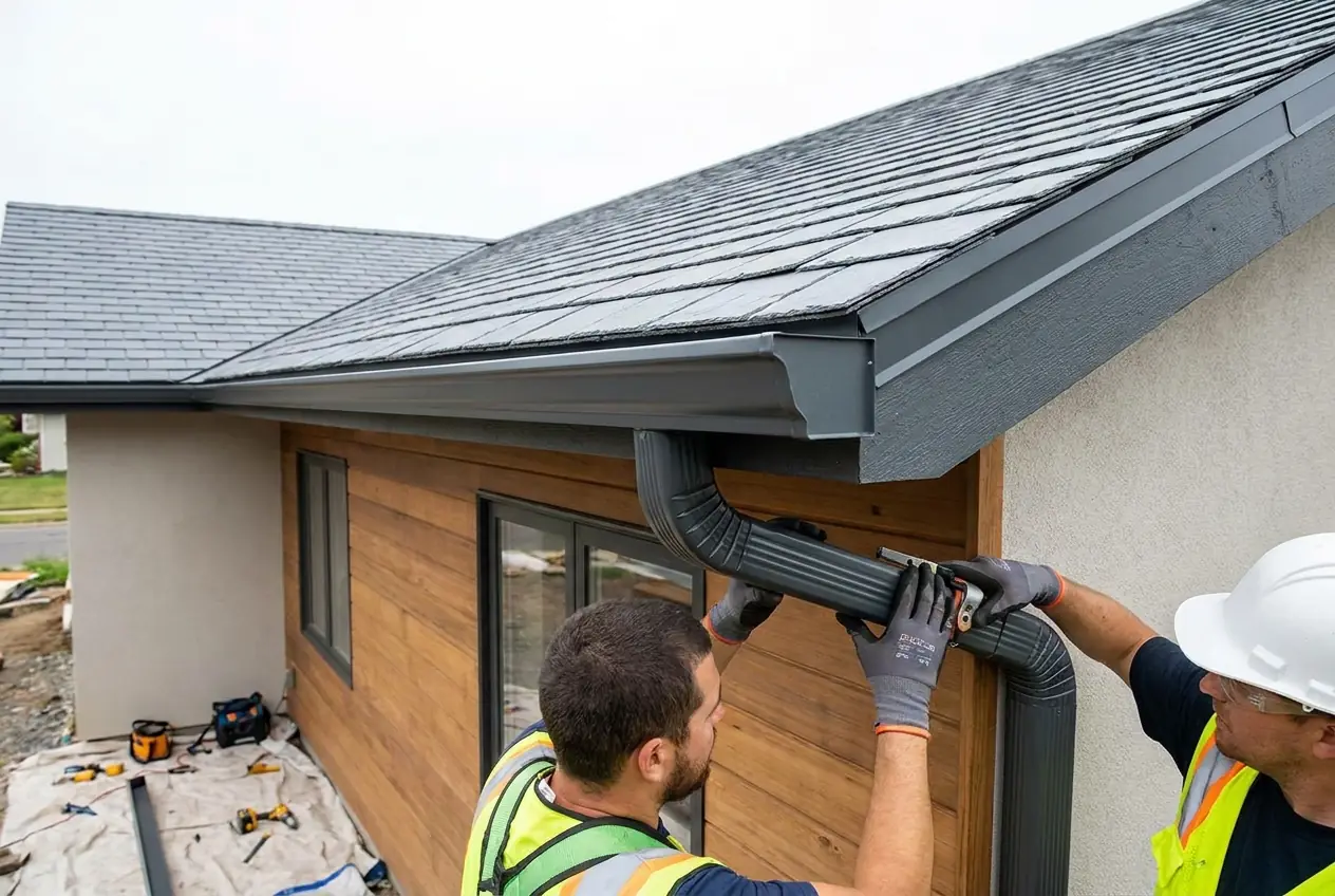 Two installers fitting a seamless gutter and downspout to a modern home