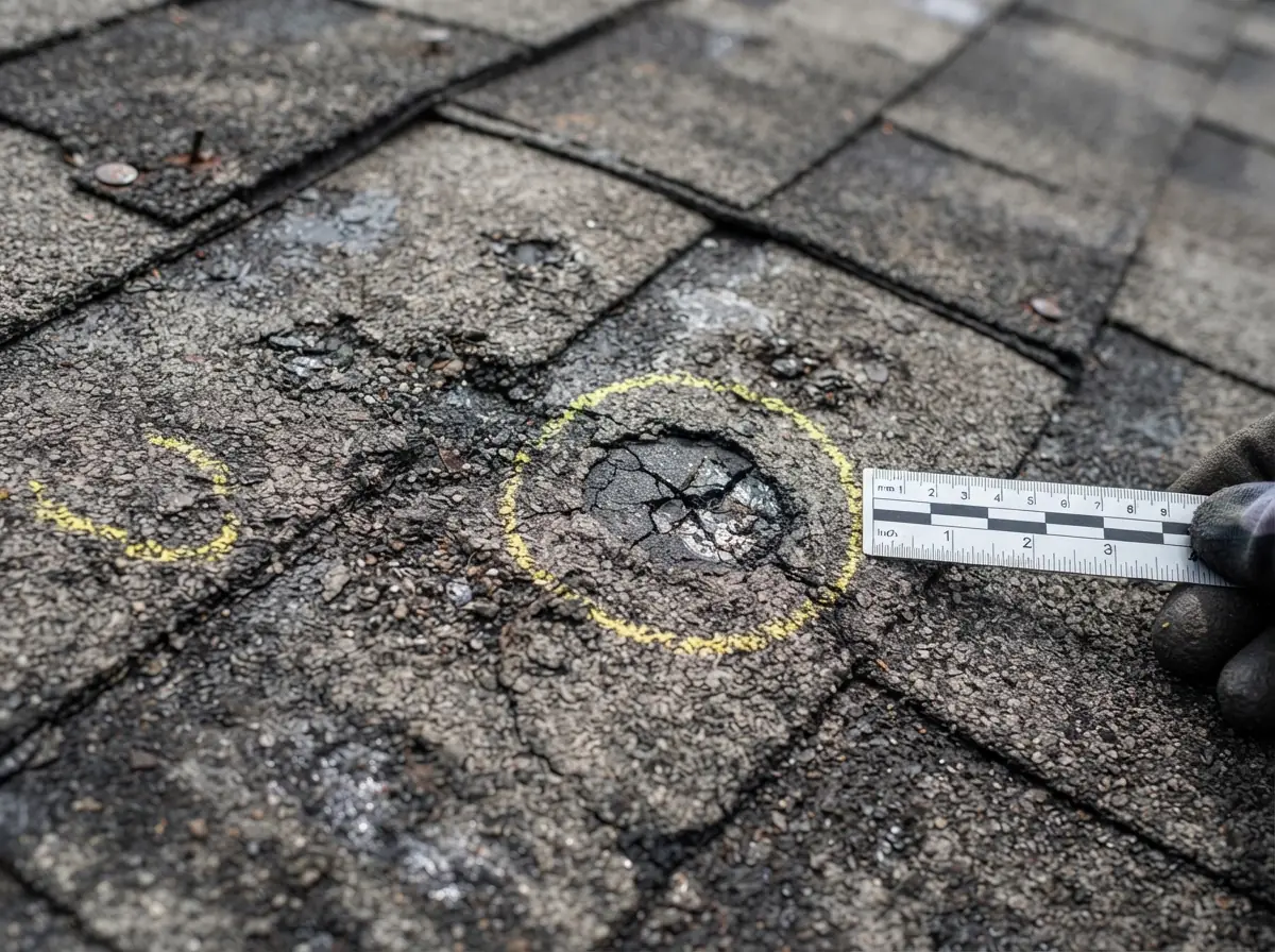 Close-up of hail bruising on an aged asphalt shingle roof, marked for inspection
