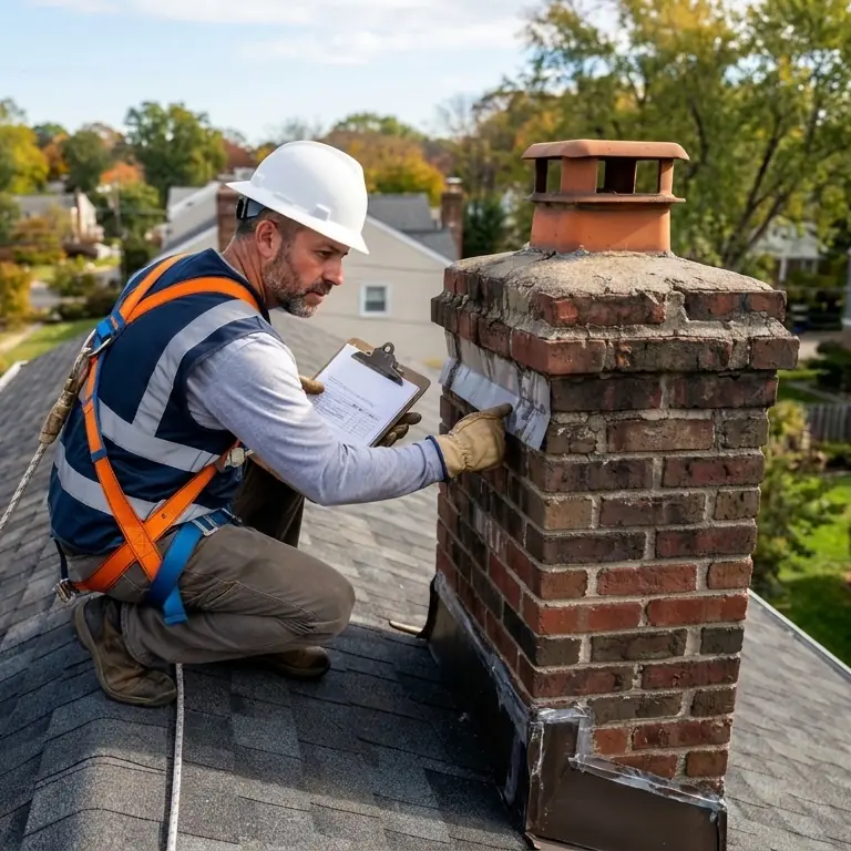 A roofing inspector in a hard hat and safety harness examining the flashing where a brick chimney meets a shingle roof, clipboard in hand