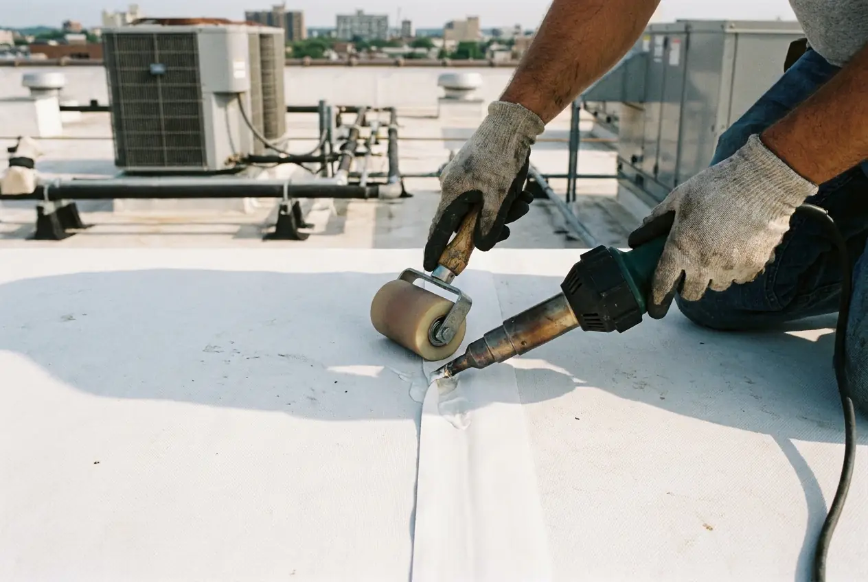 A roofer running a hand roller along a welded seam on a flat membrane roof
