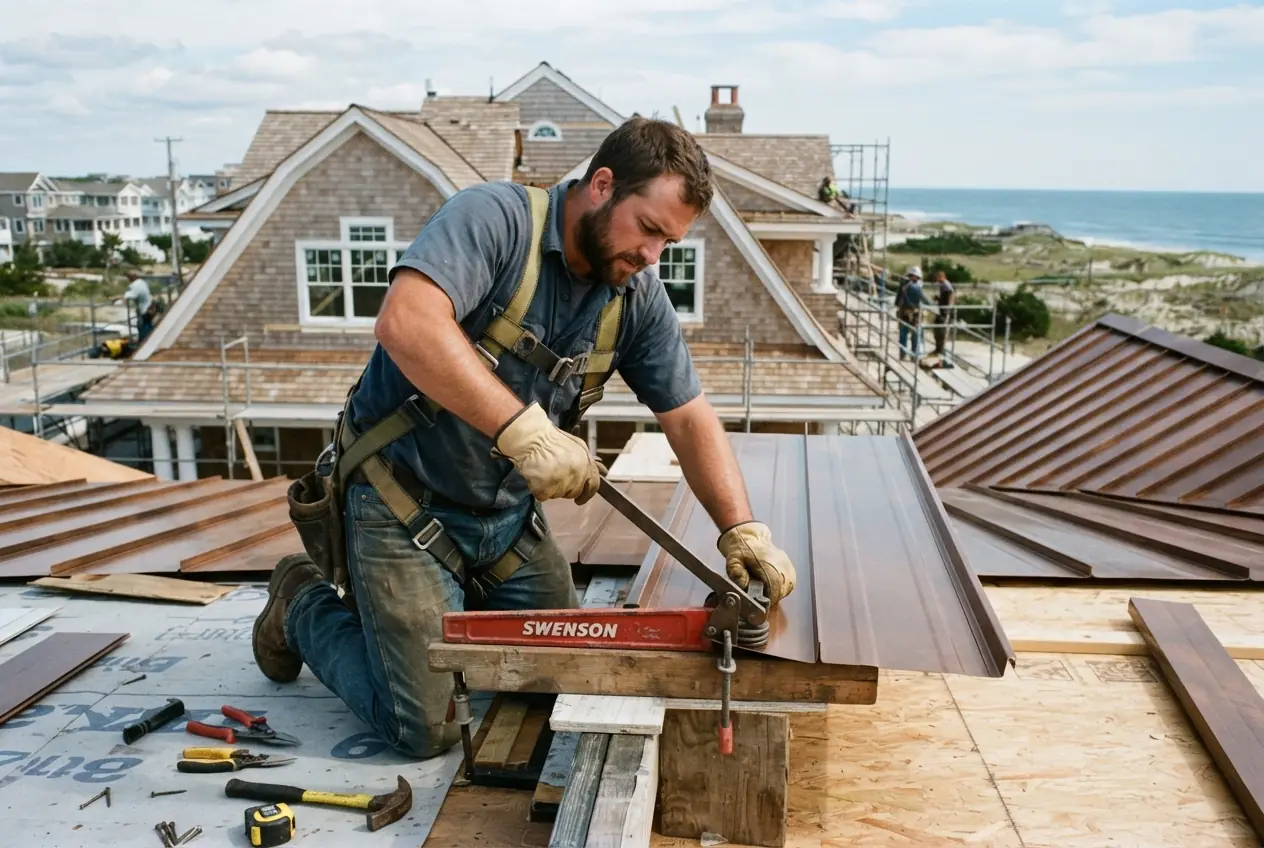 A roofer using a folding brake to shape metal roofing panels on site