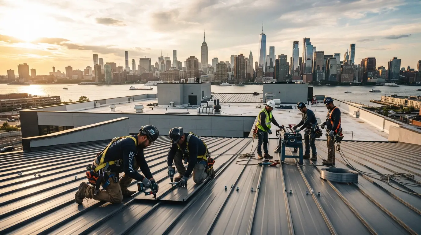 A crew installing standing seam metal roofing with the Manhattan skyline behind - Metal Roofing in New Jersey