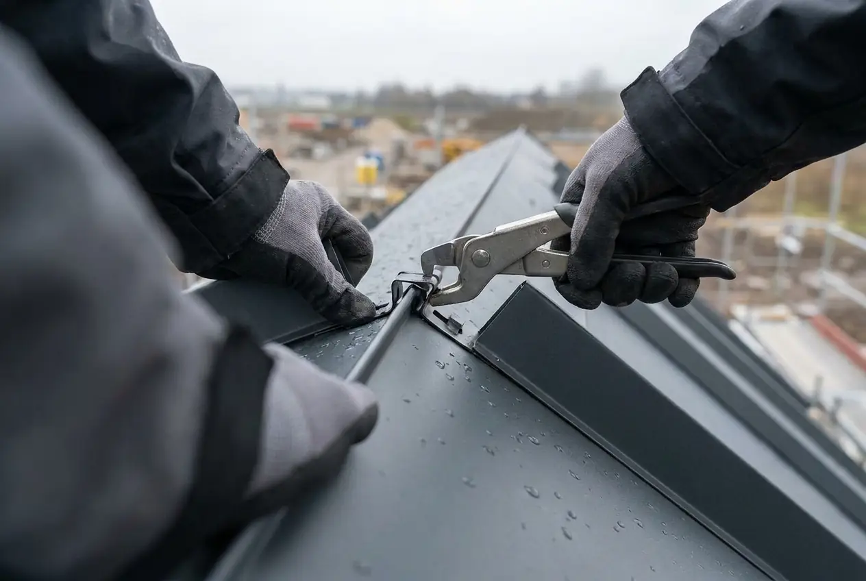 Gloved hands crimping a standing seam with a hand tool on a metal roof