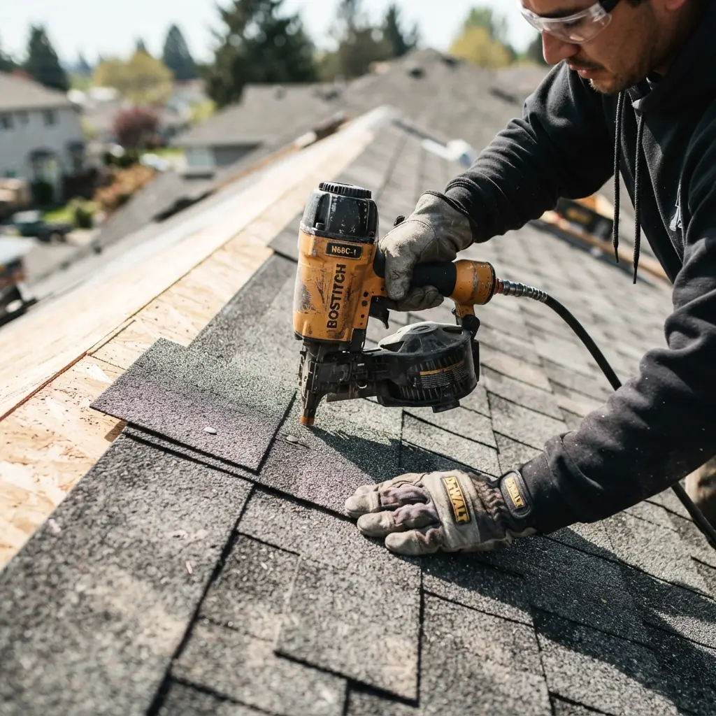 A roofer fastening architectural shingles with a pneumatic nail gun