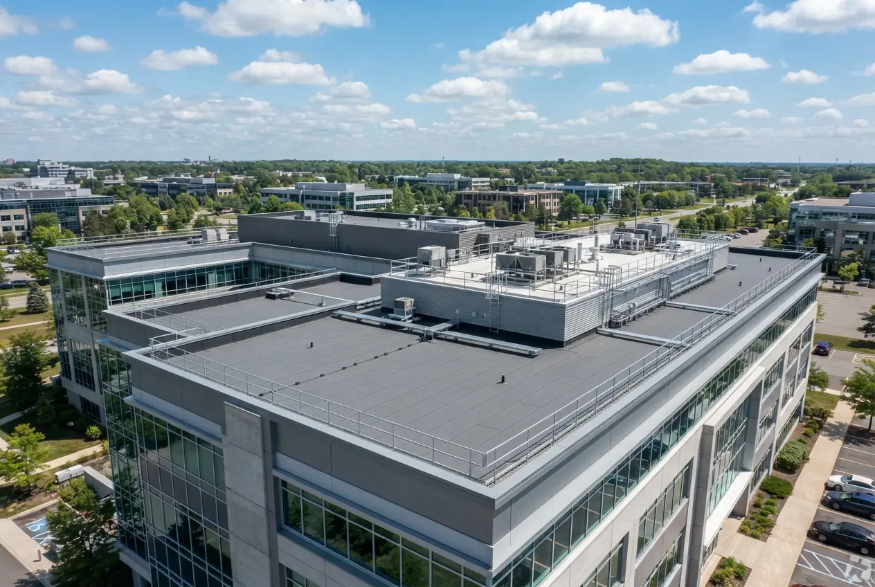 A modern office building with a low-slope roof and rooftop mechanical units
