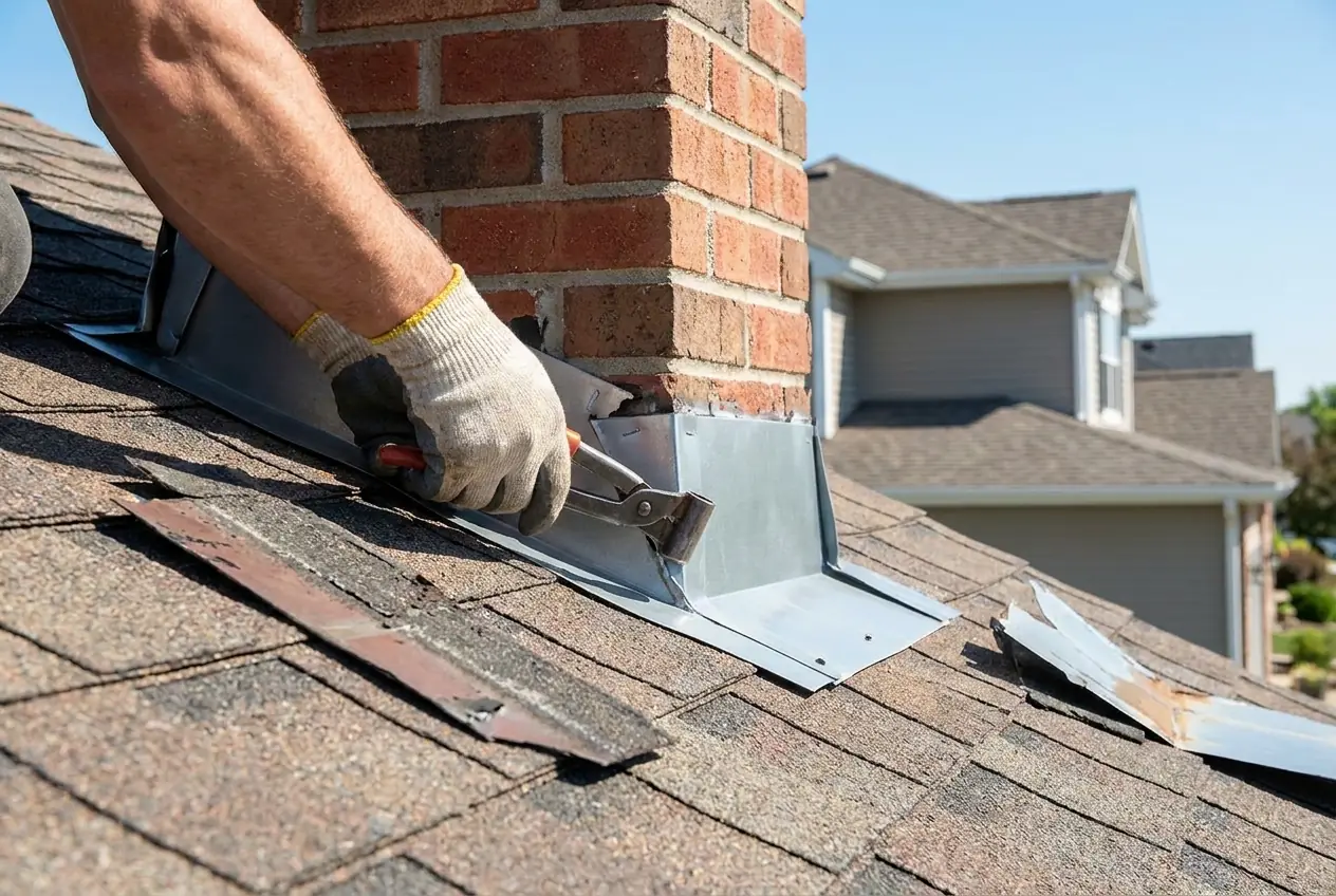 A roofer fitting new step flashing where a roof slope meets a brick chimney - Roof Repair in New Jersey