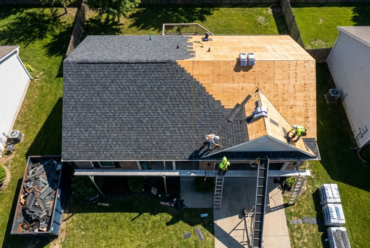 Aerial view of a roof replacement in progress with bare decking exposed - Roof Replacement in New Jersey