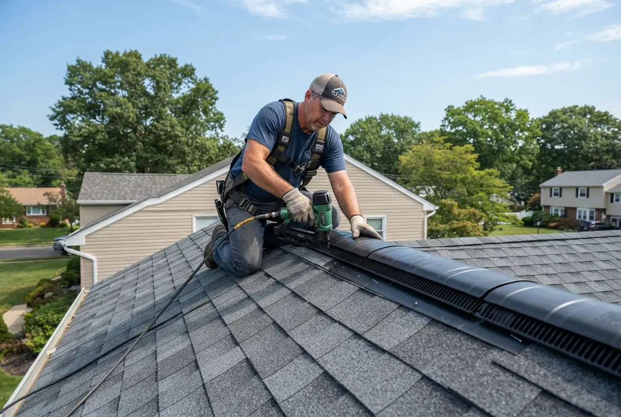A roofer fitting a ridge vent along the peak of a new asphalt shingle roof