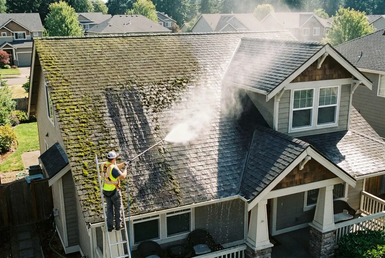 A technician soft-washing algae streaks from a large shingle roof - Roof Cleaning & Moss Removal in New Jersey