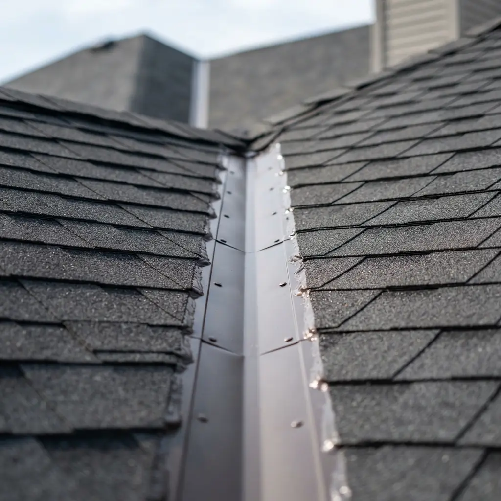 A sealed roof valley with new metal flashing between two shingled slopes