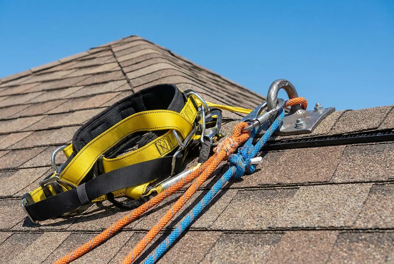 A roofing safety harness and rope anchor laid out on a shingle roof