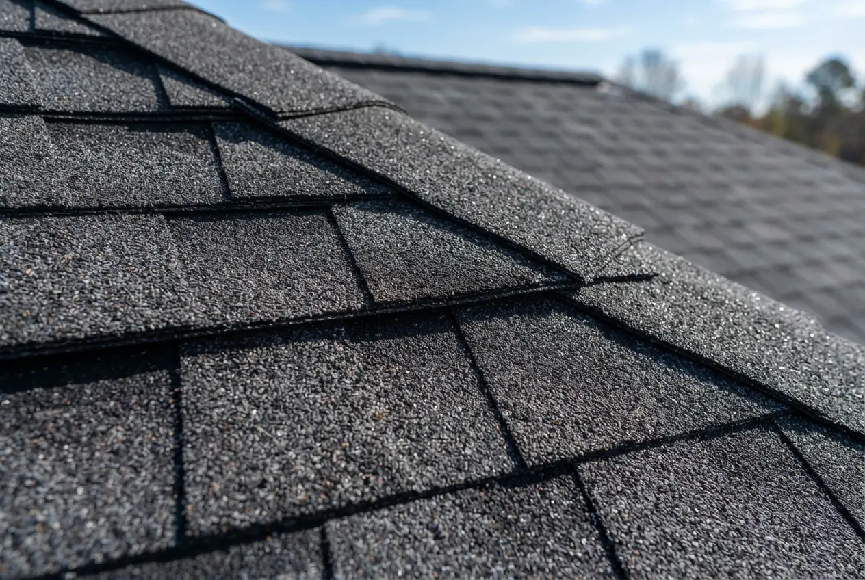 Close-up of charcoal architectural asphalt shingles on a sunlit roof