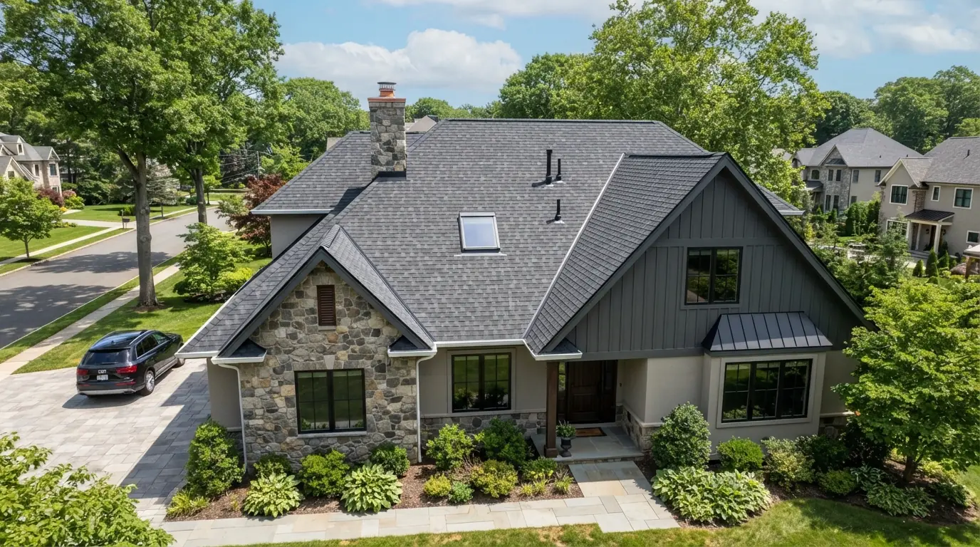 A suburban home with a newly installed architectural asphalt shingle roof