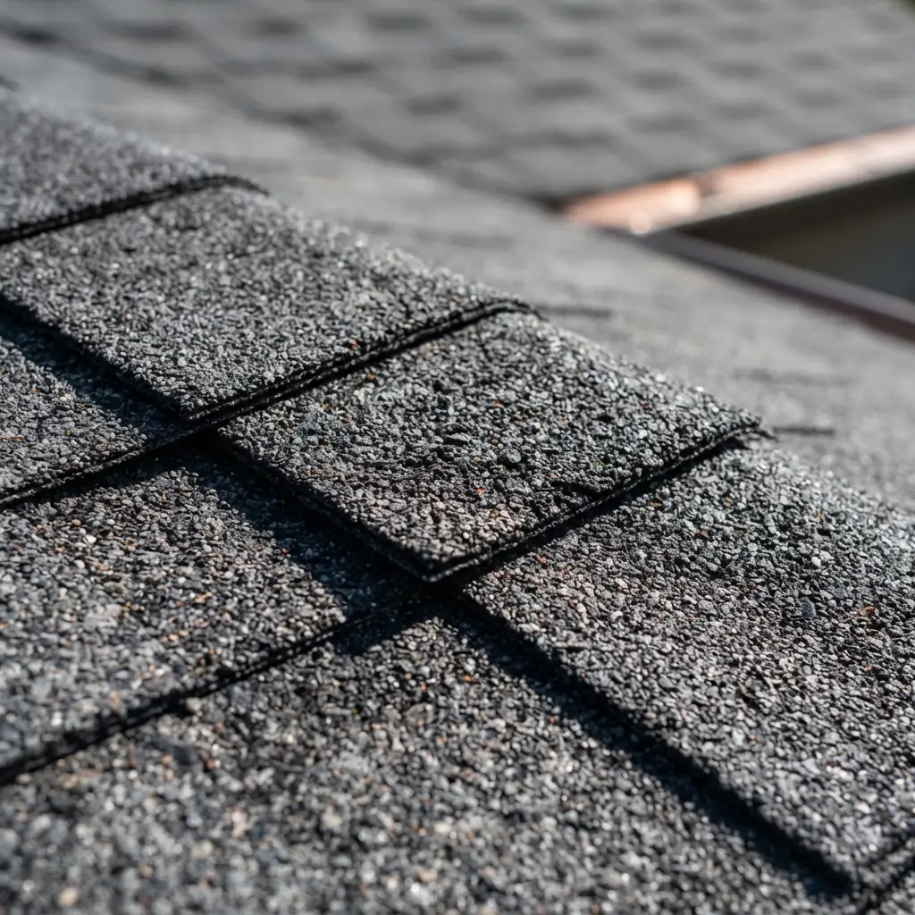 Macro shot of charcoal architectural shingles showing their layered texture