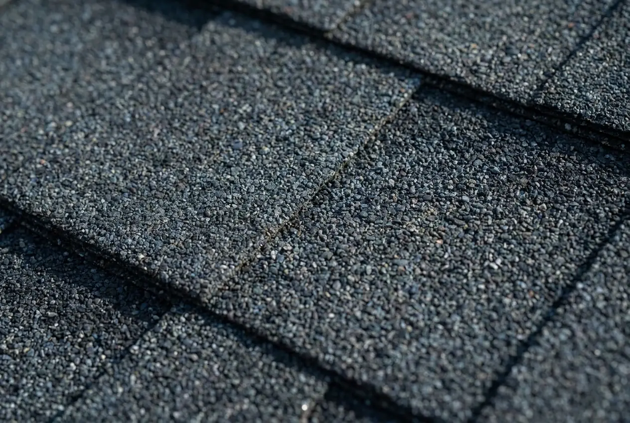 Macro view of the granular surface and shadow lines of architectural shingles