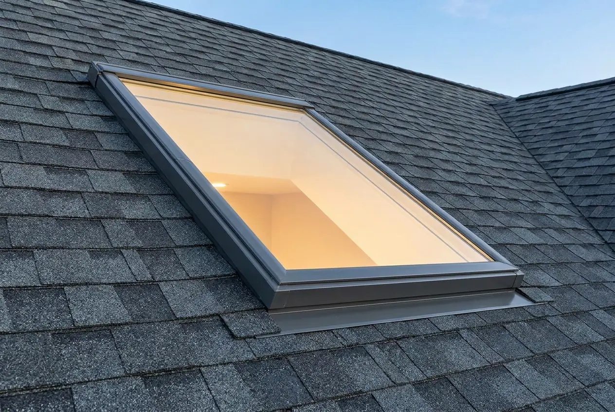 A modern skylight integrated into a dark architectural shingle roof