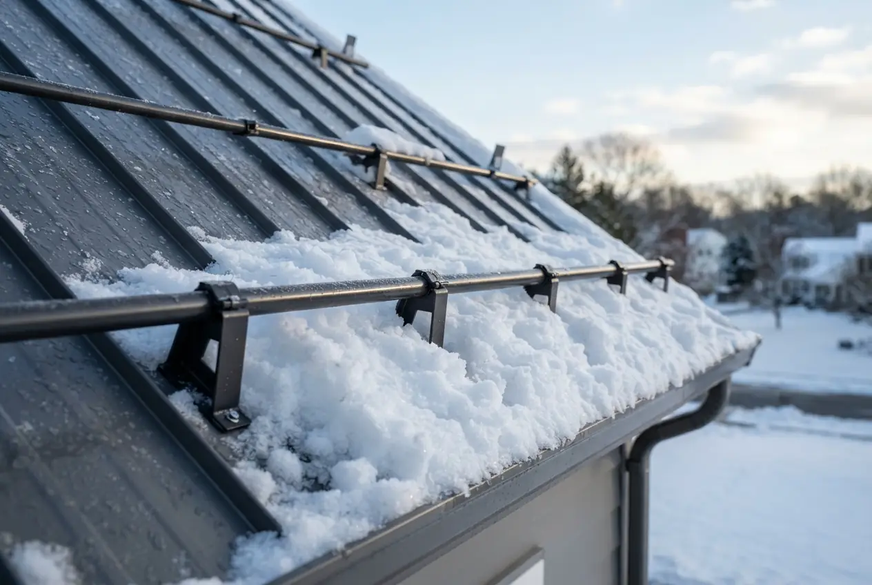 Snow guards fitted across a metal roof holding back a layer of snow