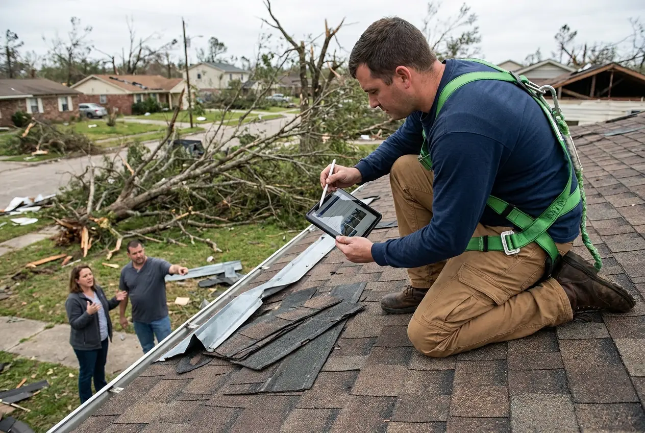 A roofer documenting storm damage on a tablet while homeowners look on
