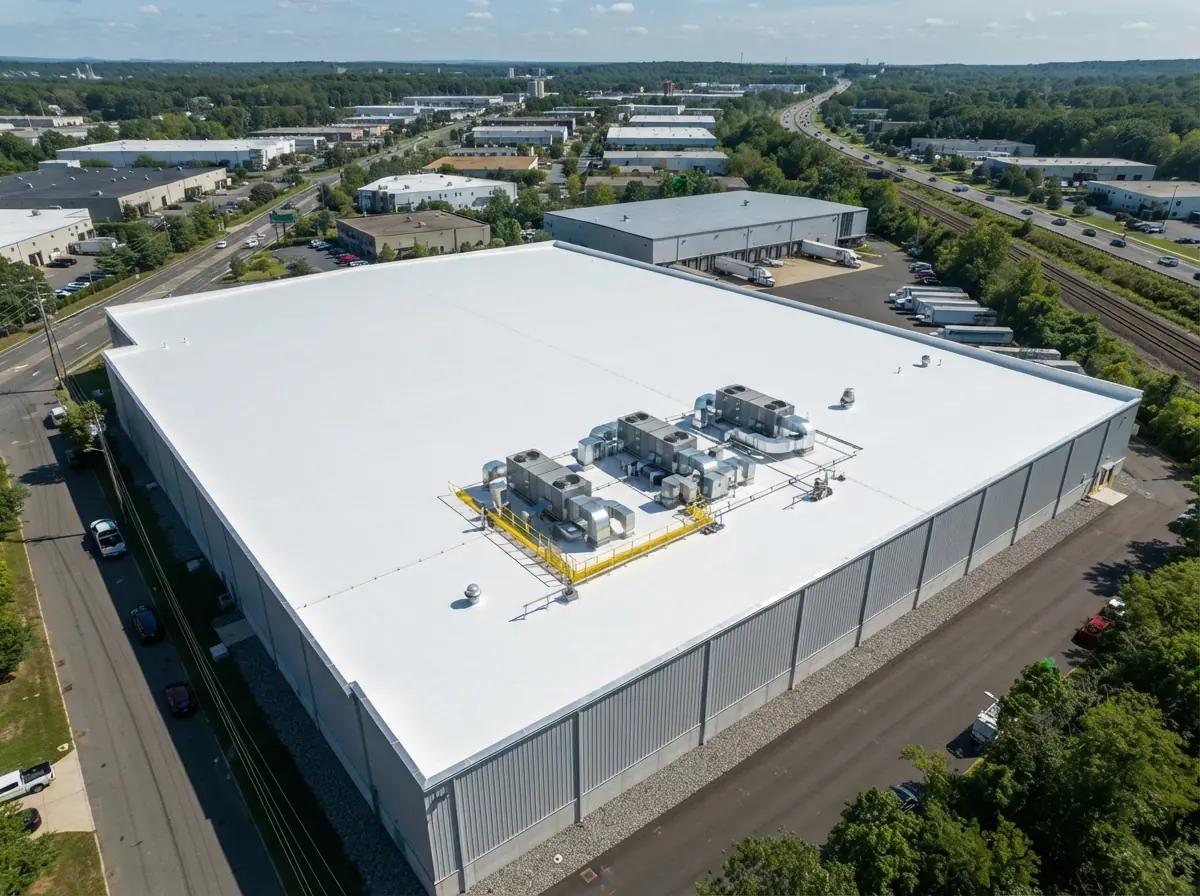 Aerial view of a warehouse with a new white TPO membrane roof - Flat & Low-Slope Roofing in New Jersey